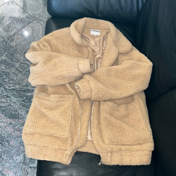 Womens I AM GIA teddy coat camel brown size M - Picture 3 of 6